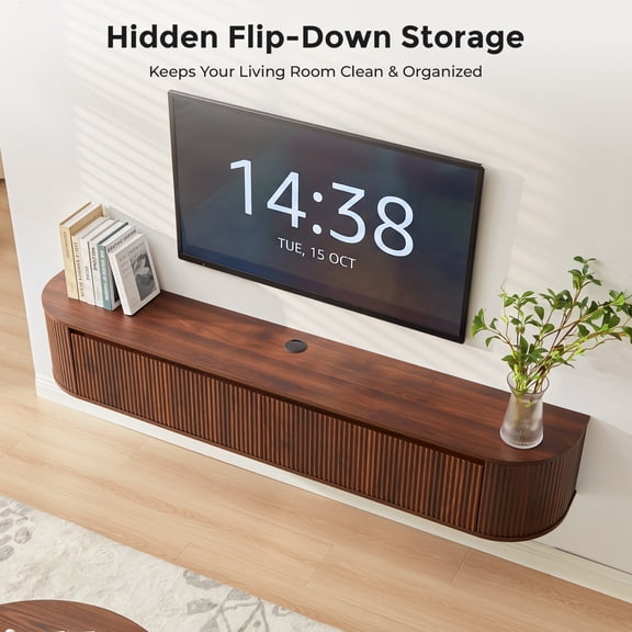 Modern Floating TV Stand, 71" Wall-Mounted Walnut Fluted Media Console, 2-in-1 Entertainment Center with Hidden Flip-Down Doors & Cable Management, Rounded Corner Wood Storage Cabinet for Living Room