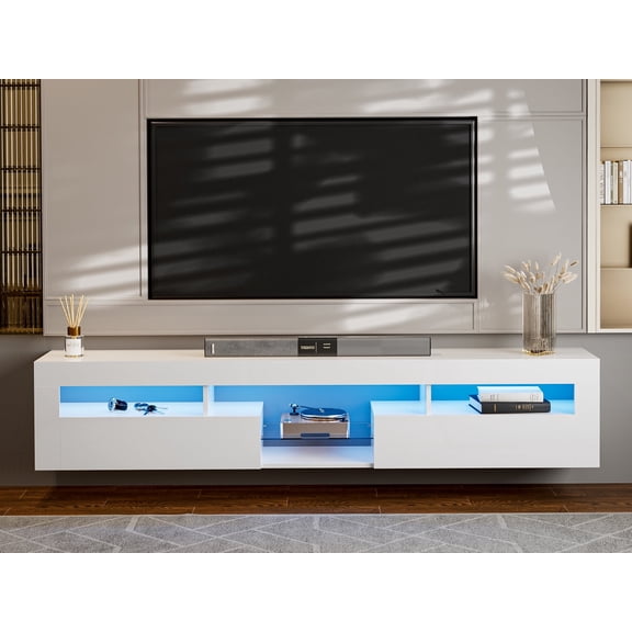 Modern Floating TV Stand for 85+ inch TV, LED High Glossy Wall Mounted Haning TV Stand with 2 Cabinets, Floating Entertainment Center Console Shelf for Living Room, Bedroom