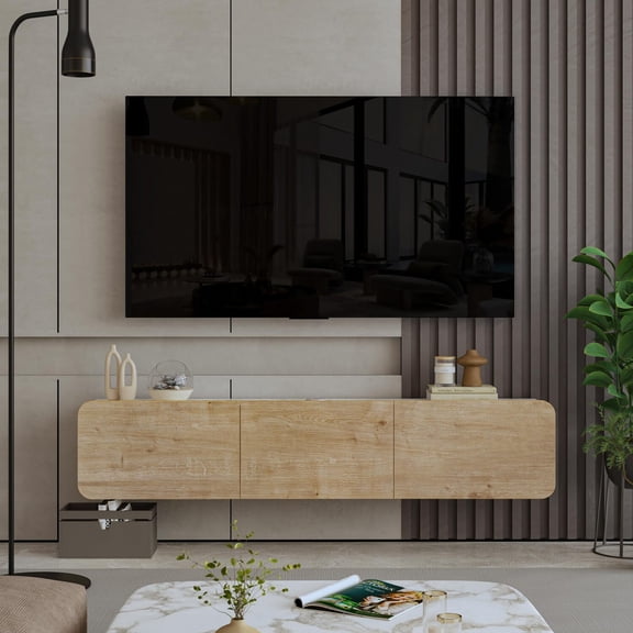 Modern Floating TV Stand - Wall Mounted Entertainment Center for 80" TV - Oak TV Stands for Living Room & Bedroom