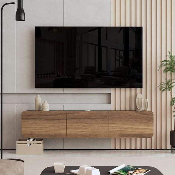 Modern Floating TV Stand - Wall Mounted Entertainment Center for 80" TV - Oak TV Stands for Living Room & Bedroom