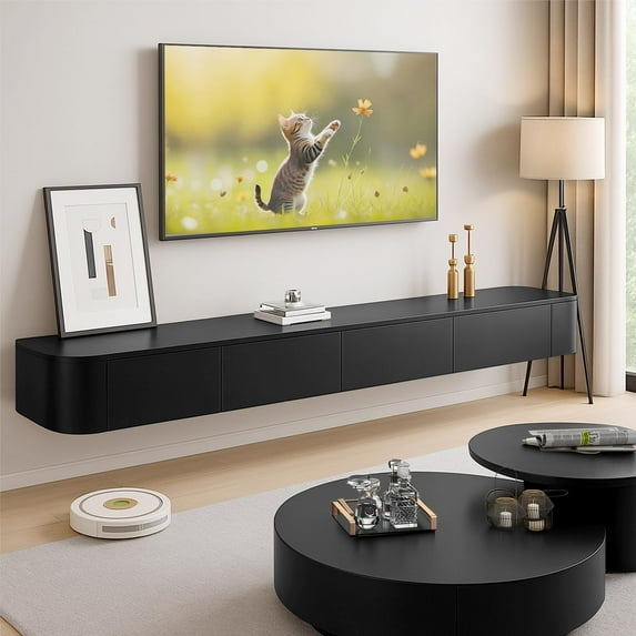 Modern Floating TV Stand | Wall-Mounted Entertainment Media Console | Large Storage TV Bench for Living Room & Office (Black, 110.2'')