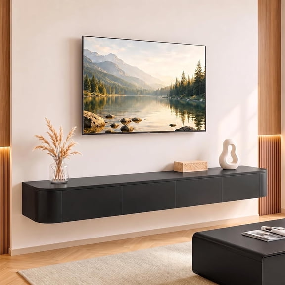 Modern Floating TV Stand | Wall-Mounted Entertainment Media Console | Large Storage TV Bench for Living Room & Office (Black, 55.1'')