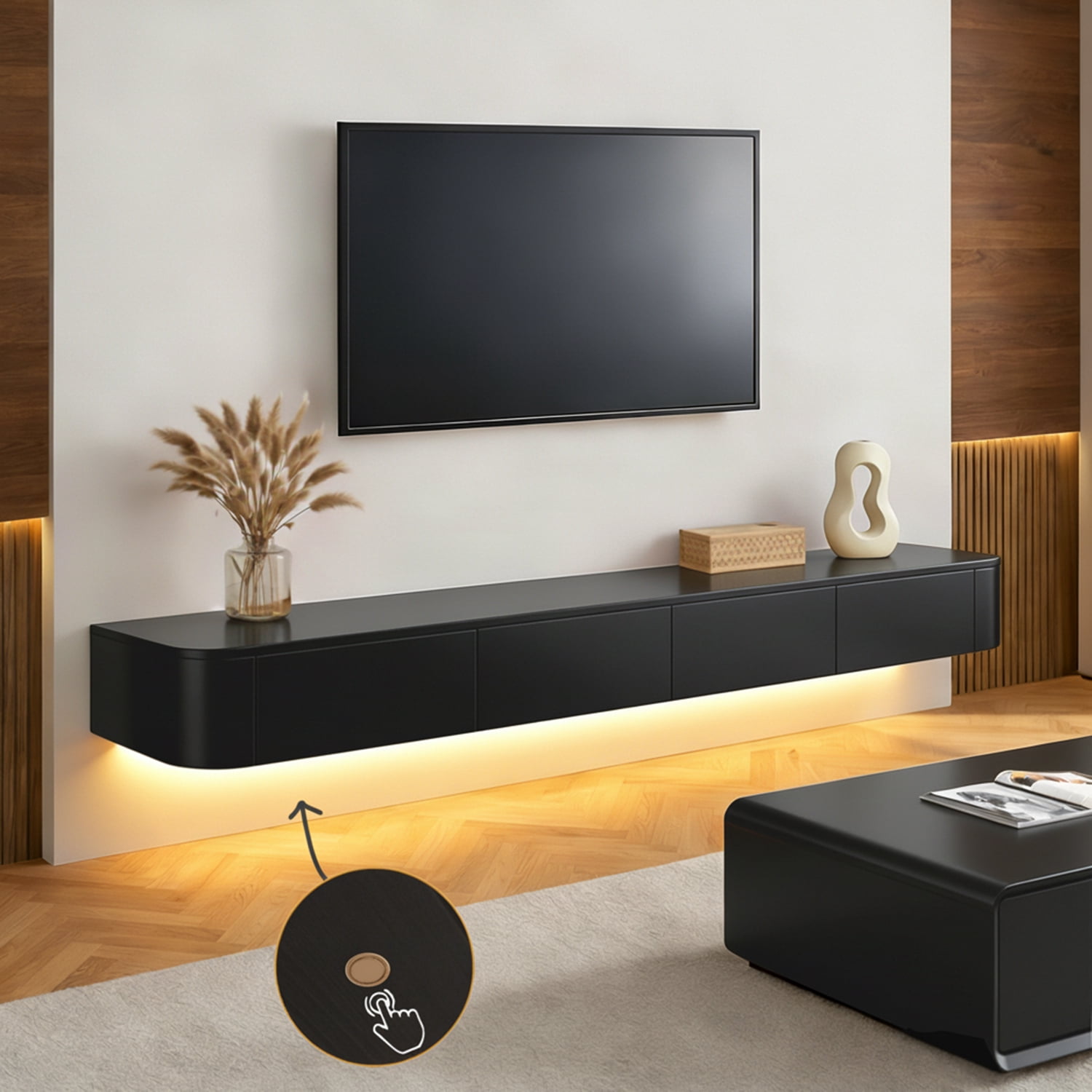 Modern Floating TV Unit with LED Lighting | Wall-Mounted Entertainment Media Console | Large Storage TV Bench for Living Room & Office (Black, 55.1'')