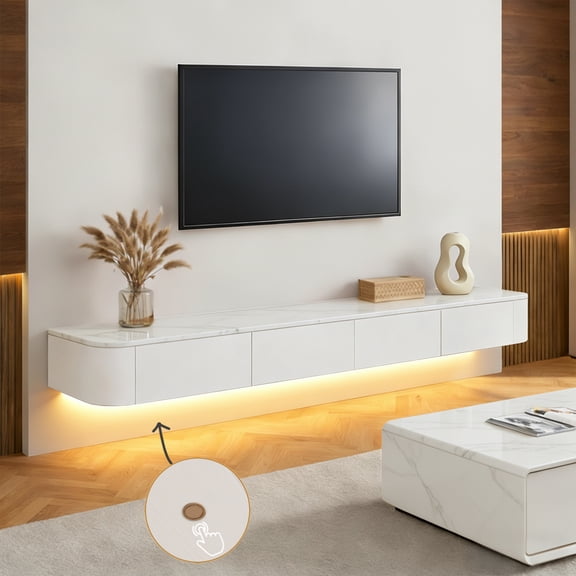 Modern Floating TV Unit with LED Lighting | Wall-Mounted Entertainment Media Console | Large Storage TV Bench for Living Room & Office (Texture + White, 78.7'')