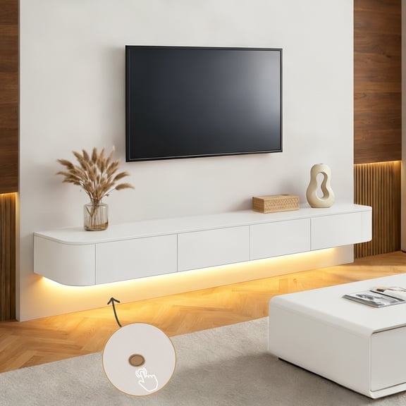 Modern Floating TV Unit with LED Lighting | Wall-Mounted Entertainment Media Console | Large Storage TV Bench for Living Room & Office (White, 110.2'')