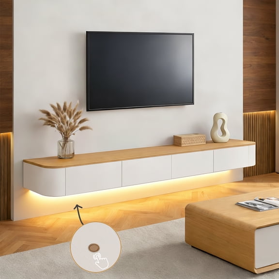Modern Floating TV Unit with LED Lighting | Wall-Mounted Entertainment Media Console | Large Storage TV Bench for Living Room & Office (White + Wood, 55.1'')