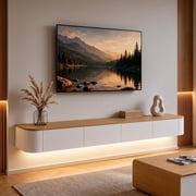 Modern Floating TV Unit with LED Lighting | Wall-Mounted Entertainment Media Console | Large Storage TV Bench for Living Room & Office White + Wood, 55.1''
