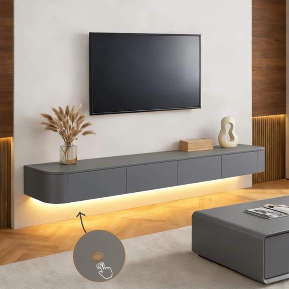 Modern Floating TV Unit with LED Lighting | Wall-Mounted Entertainment Media Console | Large Storage TV Bench for Living Room & Office (Gray, 47.2'')