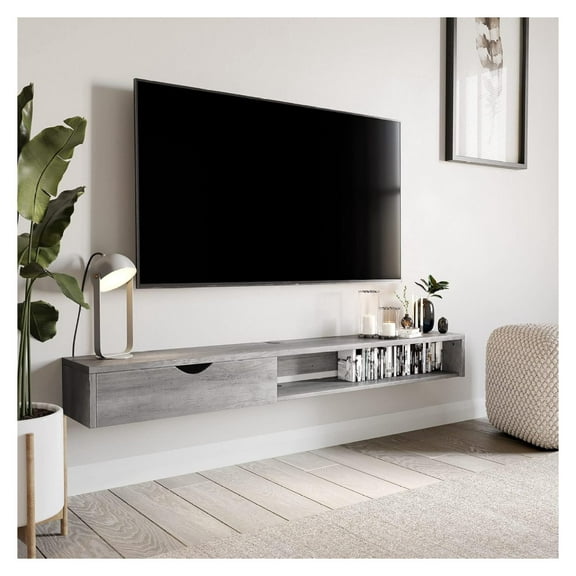 Modern Floating Wall Mounted 60 Inch TV Console with Built-in Shelf & Drawer, Space Saving Decorative Contemporary Media Storage, for Up to 100lbs - Beckett (Gray Wash)
