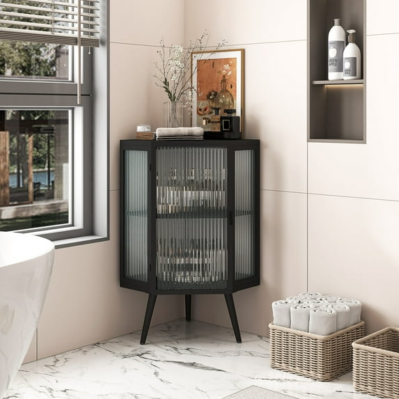 Modern Floor Corner Cabinet, Home Storage Organizer with Tempered Glass Door, Adjustable Shelf and 3 Meatal Legs for Bathroom, Living Room and Bedroom, Black