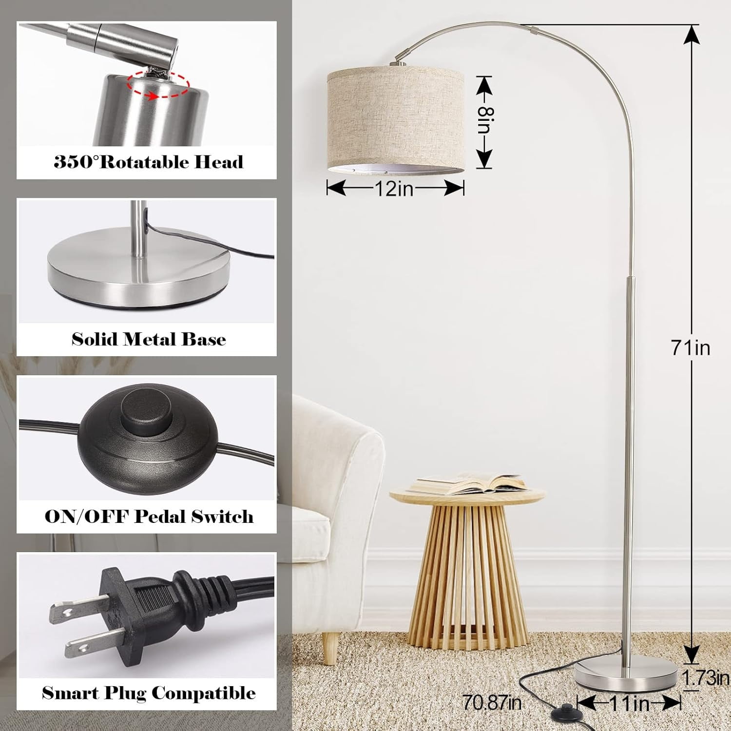 Modern Floor Lamp for Living Room with Adjustable Head, Tall Pole Lamp with On/Off Pedal Switch, Over Couch Tall Standing Light for Reading, Bedroom, Office (Silver)