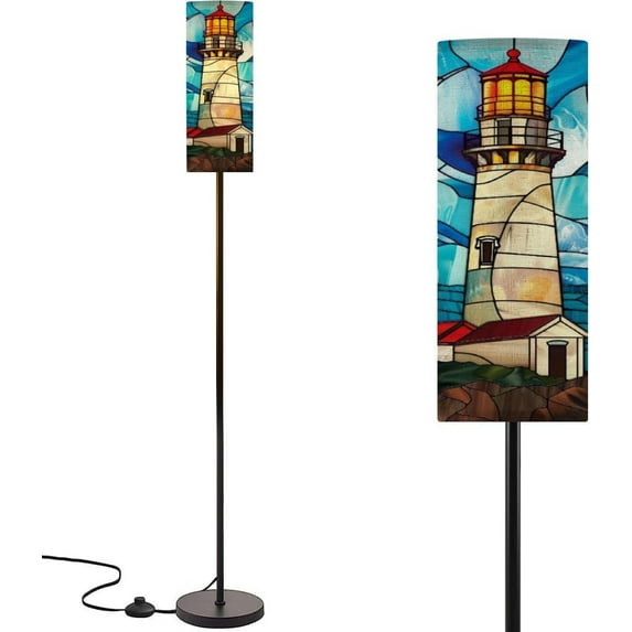 Modern Floor Lamp for Living Room Lighthouse Stained Glass Window Hangings 3 Color Dimmable Standing Lamp with Remote Control Metal Pole Lamp for Bedroom Nursery Reading
