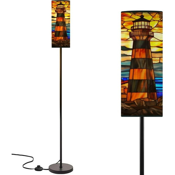 Modern Floor Lamp for Living Room Seaside Lighthouse Scene Stained Glass Illustration 3 Color Dimmable Standing Lamp with Remote Control Metal Pole Lamp for Bedroom Nursery Reading