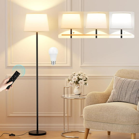Modern Floor Lamp with Adjustable Brightness, Remote Control, Black, LED Bulbs, White Shade, Foot Switch, Easy Assembly