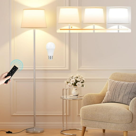 Modern Floor Lamp with Adjustable Brightness, Remote Control, Black, LED Bulbs, White Shade, Foot Switch, Easy Assembly