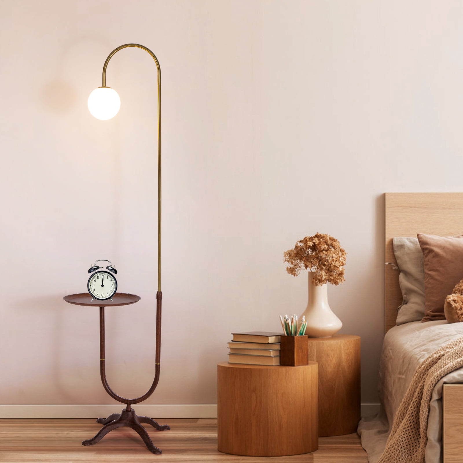 Modern Floor Lamp with Shelves,Wood Shelf End Table Floor Lamp with