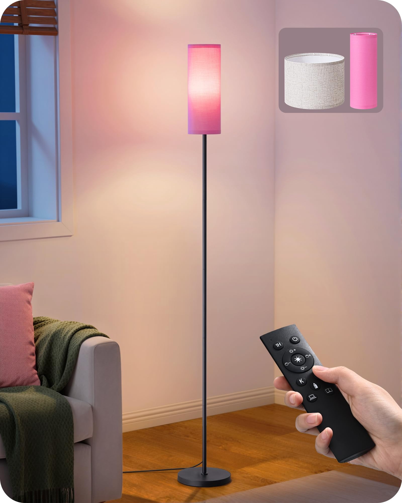 Modern Floor Lamps For Living Room  63.7" Colorful Lamp With Two Shades Remote Control Foot 2700-6000k Dimmable Minimalist Standing Bedroom 9w Bulb Included Pink