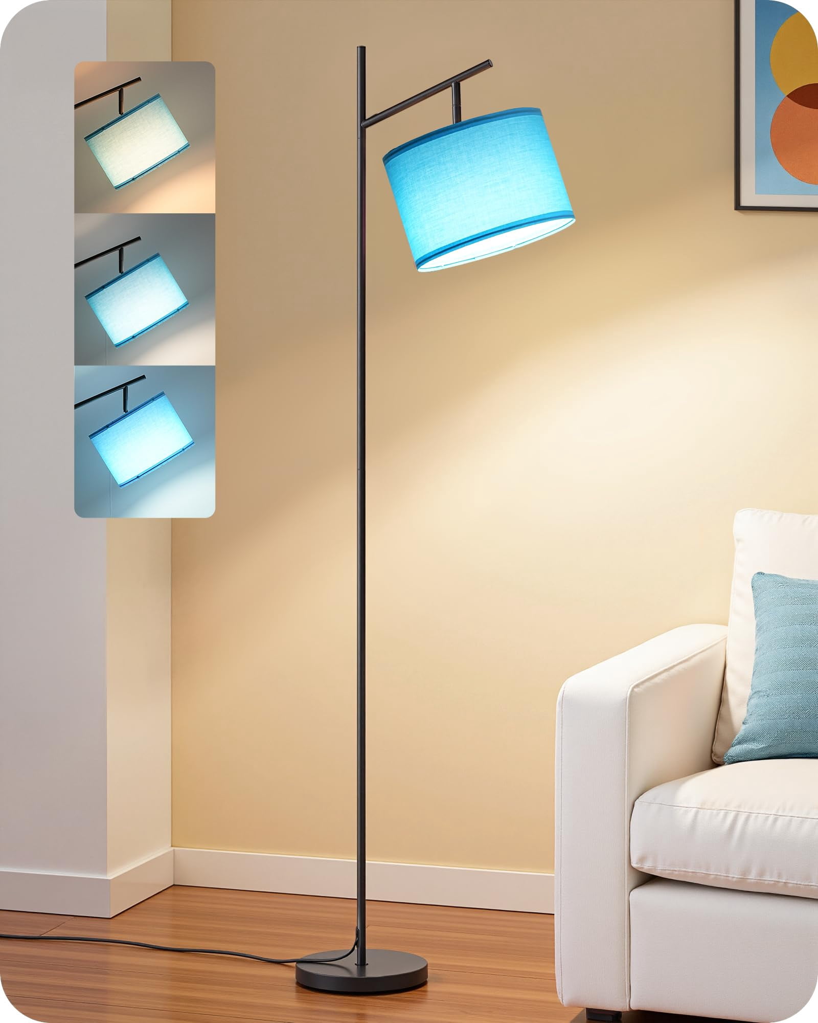 Modern Floor Lamps For Living Room  64.7" Minimalist Standing Lamp With 3 Color Temperatures Bulb & Adjustable Linen Shade Foot Pedal Arc Tall Office Bedroom Blue