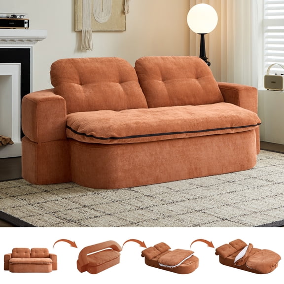 Modern Floor Sofa with 2 Pillows, Convertible Corduroy Fabric Foam-Filled Sleeper Sofa Bed, No Assembly, Convertible Sofa Cushion Unfolds into Quilt, Folding Mattress for Living Room