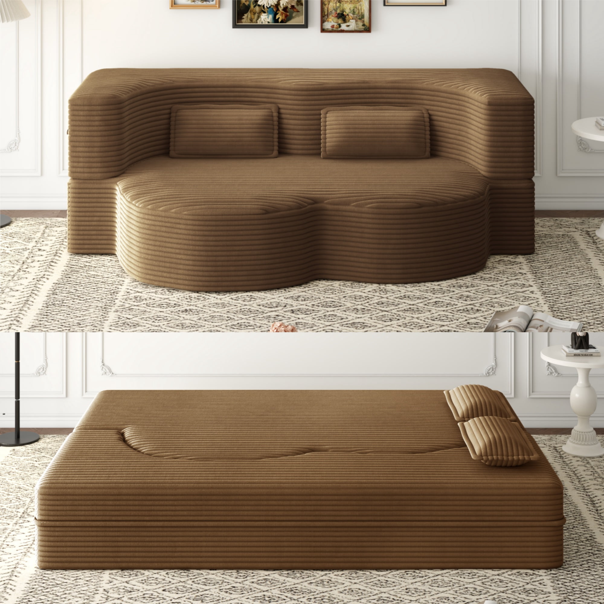 Modern Floor Sofa with 2 Pillows,Convertible Plush Corduroy Foam-Filled Sleeper Sofa Bed,14.2' Full Size Folding Mattress for Living Room,Guest Bed,no assembly required, Orange