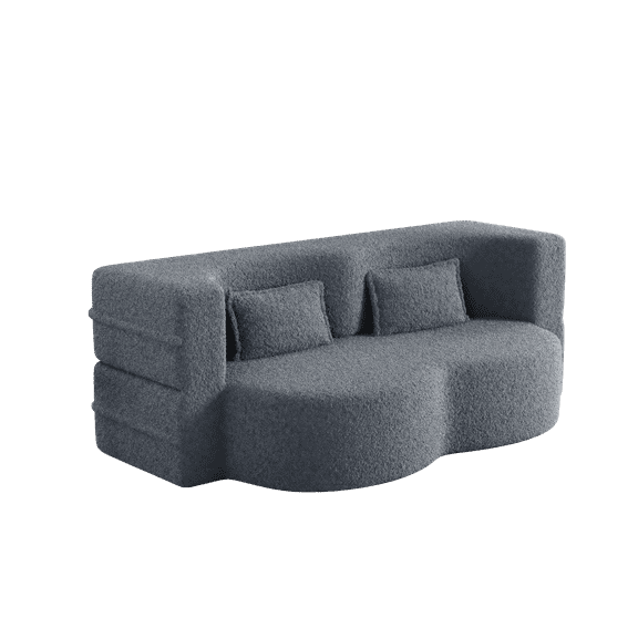 Modern Floor Sofa with 2 Pillows, Convertible Teddy Fabric Foam-Filled Sleeper Sofa Bed, 15" Full Size Folding Mattress for Living Room, Guest Bed, Playroom, No Assembly Required (Grey)