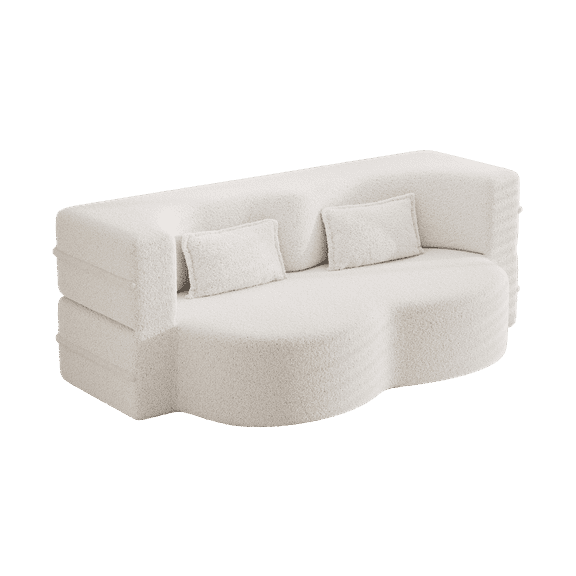 Modern Floor Sofa with 2 Pillows, Convertible Teddy Fabric Foam-Filled Sleeper Sofa Bed, 15" Full Size Folding Mattress for Living Room, Guest Bed, Playroom, No Assembly Required (Beige)