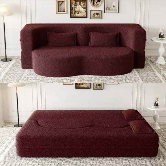 Modern Floor Sofa & 2 Pillows. Convertible Teddy Fabric Foam Sleeper Bed. 15" Full Size Folding Mattress. No Assembly. Burgundy. Breathable Teddy Fabric!