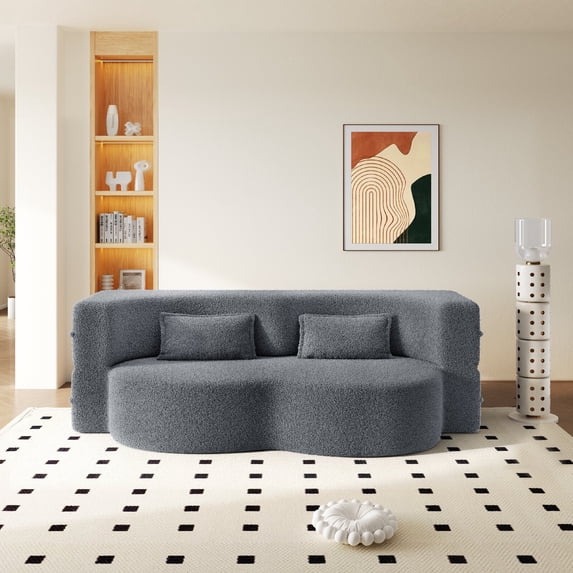 Modern Floor Sofa Couch with 2 Pillows,Convertible Teddy Fabric Foam-Filled Sleeper Sofa Couch with Folding Mattress for Living Room,Guest Bed,Playroom,Apartment no assembly required, Dark Grey