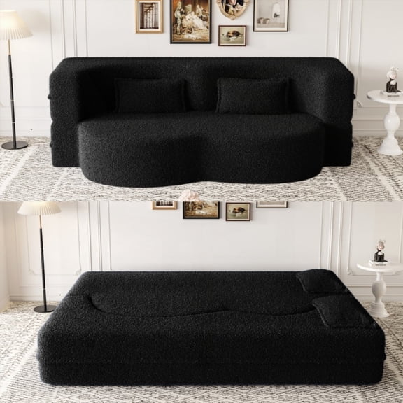 Modern Teddy Fabric Convertible Sofa Bed with 2 Pillows, 15" Full Size, Black for Living Room