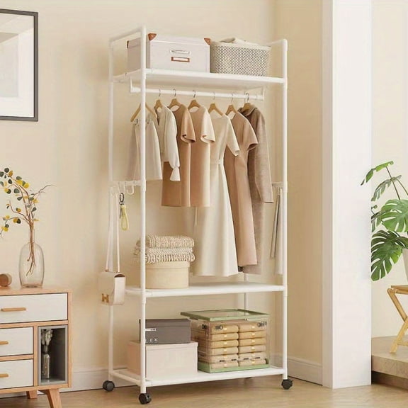 Modern Floor-Standing Clothes Rack - Space-Saving Organizer with Shelves, Rods & Baskets, Easy Assembly