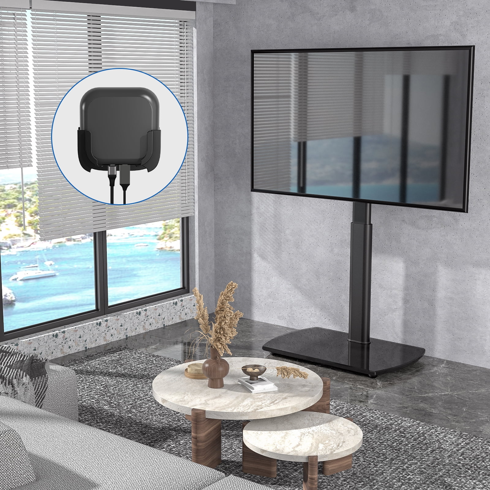 Modern Black Floor TV Stand for 27 to 65 inch TVs, with Apple TV Roku