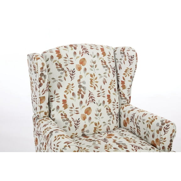 Modern Floral Accent Chair with Retro Wood Legs, Upholstered Armchair for Living Room, Bedroom or Office, Comfortable Single Sofa Chair with High-Density Foam and Sturdy Frame