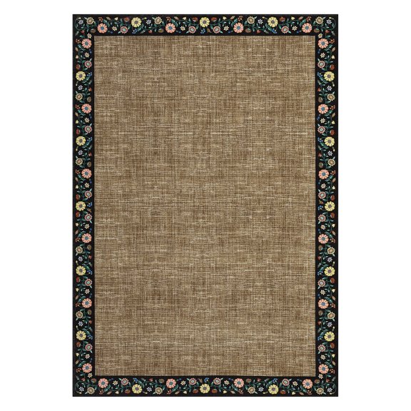 Modern Floral Area Rug Non Slip Machine Washable, Low Pile Carpet for Living Room Bedroom with Vintage Border Design