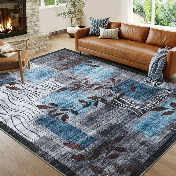 Modern Floral Area Rug, Washable Non-Slip Neutral Rug, Retro Style Floor Cover for Living Room, Kitchen, Laundry Room, Indoor Carpet Mat