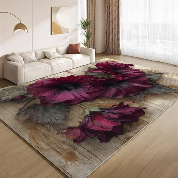 Modern Floral Area Rugs, Dark Red Flower Pattern Carpet, Washable Non Slip Low Pile Soft Rug for Living Room Bedroom Decor Mat 2x3ft