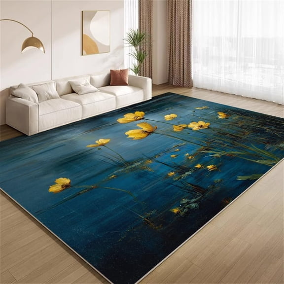 Modern Floral Area Rugs, Navy Yellow Oil Painting Carpet, Washable Non Slip Low Pile Soft Rug for Living Room Bedroom Decor Mat 2x3ft