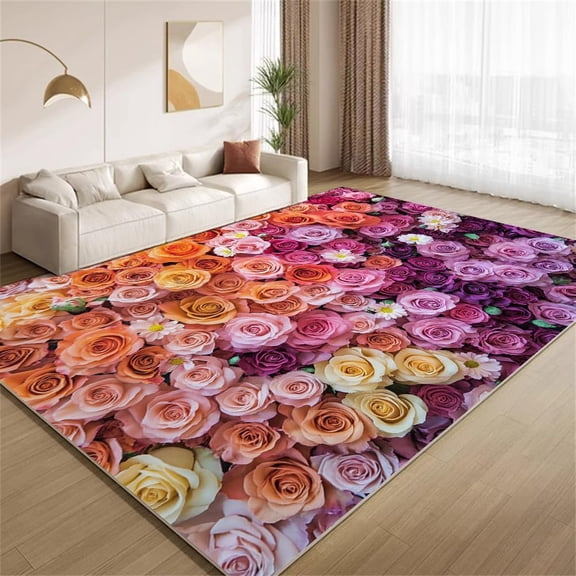 Modern Floral Area Rugs, Pink Purple Rose Pattern Carpet, Washable Non Slip Low Pile Soft Rug for Living Room Bedroom Decor Mat 2ftx3ft