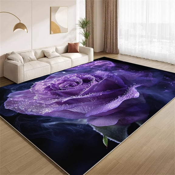 Modern Floral Area Rugs, Purple Rose Art Carpet, Washable Non Slip Low Pile Soft Rug for Living Room Bedroom Decor Mat 3ftx5ft