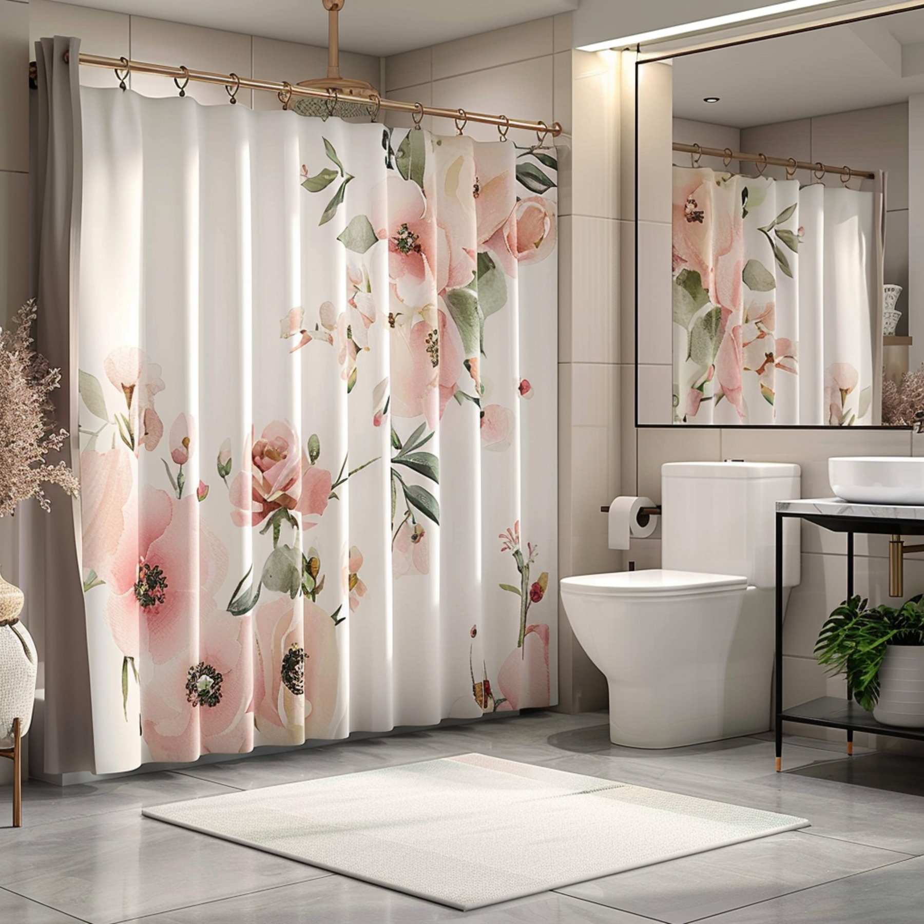 Modern Floral Bathroom Decor Set White and pink floral shower curtain