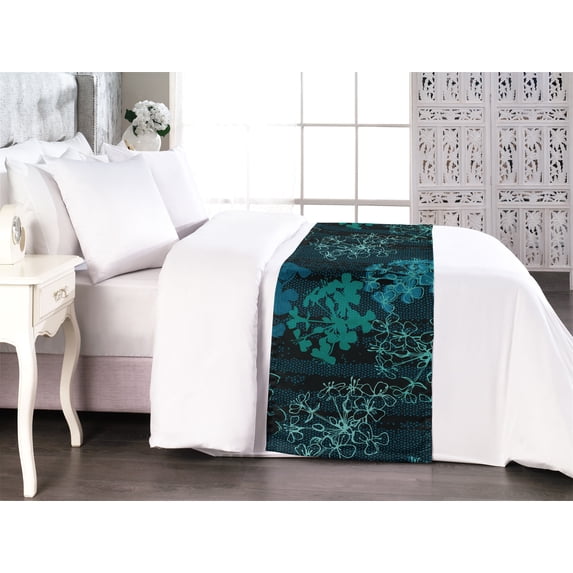 Modern Floral Bed Runner, Vintage Vibes Sakura Drawings with Darkened Colors on Dotted Back, Decorative Accent Bedding Scarf for Hotels Homes & Guest Rooms, King, Seafoam Teal Dark Teal, by Ambesonne