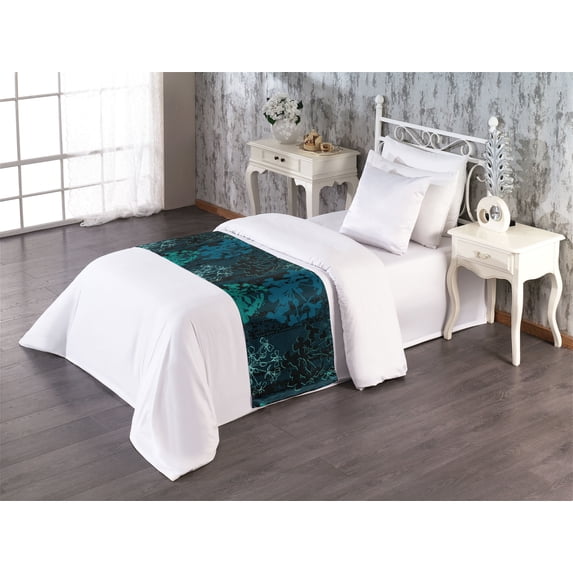 Modern Floral Bed Runner, Vintage Vibes Sakura Drawings with Darkened Colors on Dotted Back, Decorative Accent Bedding Scarf for Hotels Homes & Guest Rooms, Twin, Seafoam Teal Dark Teal, by Ambesonne