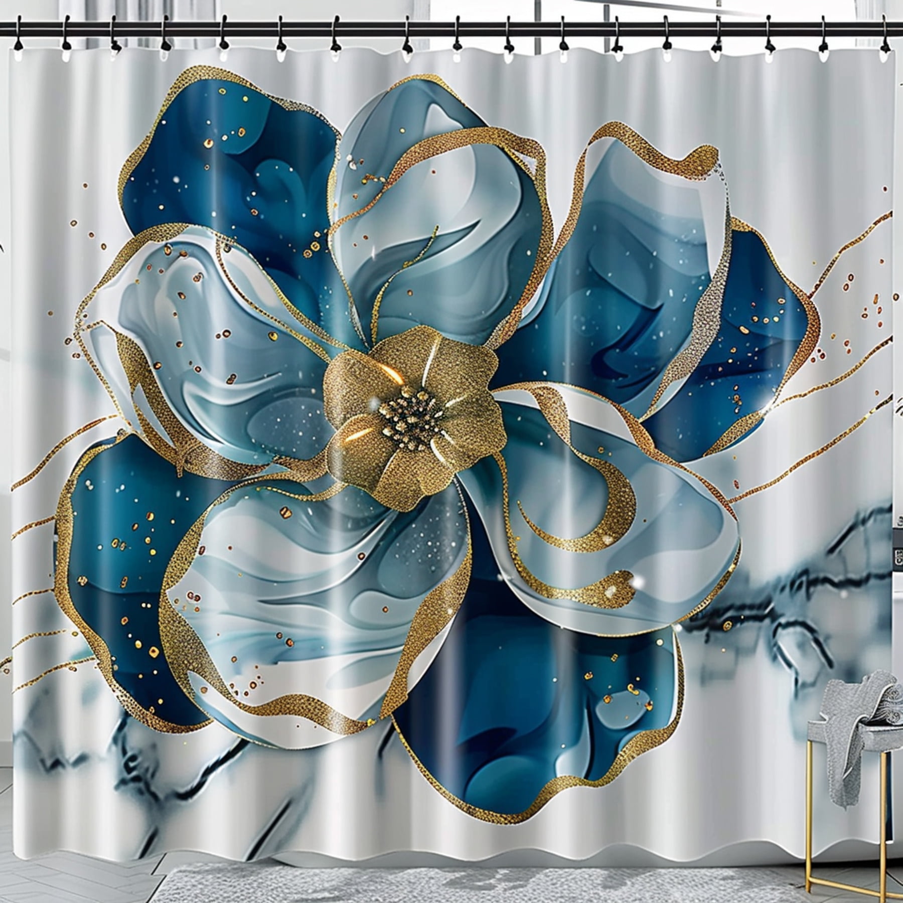 Modern Floral Blue & Gold Marble Stone Shower Curtain with White