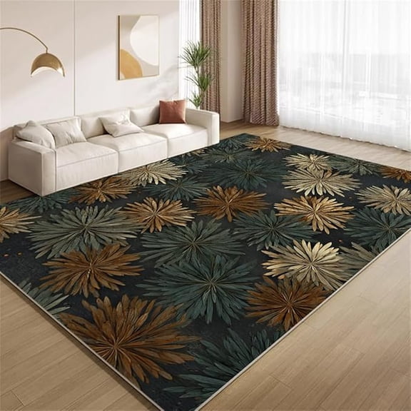 Modern Floral Burst Rug Dark Teal and Gold Abstract Rugs Ultra Soft Non Slip Washable Low Pile Carpet for Gameroom Bedroom Living Room Kids Room Playroom Home Decor 2 x 3ft