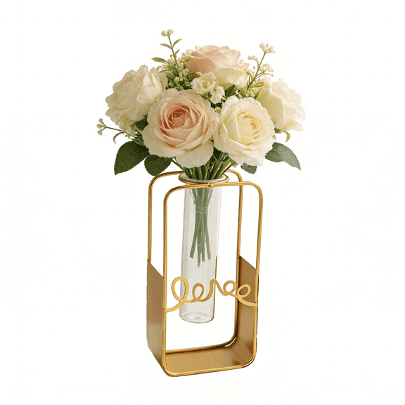Modern Floral Centerpiece Arrangement | Artificial Flower Bouquet in Gold Glass Vase | Elegant Dining Table Decor for Living Room & Kitchen