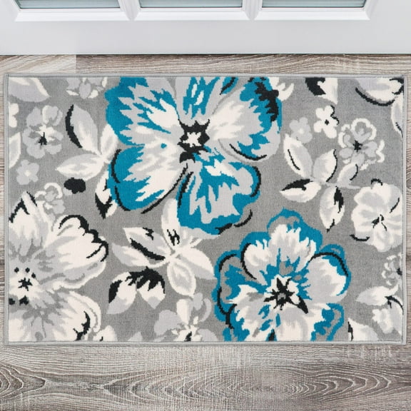 World Rug Gallery Modern Floral Design Blue 2' x 3' Door Mat