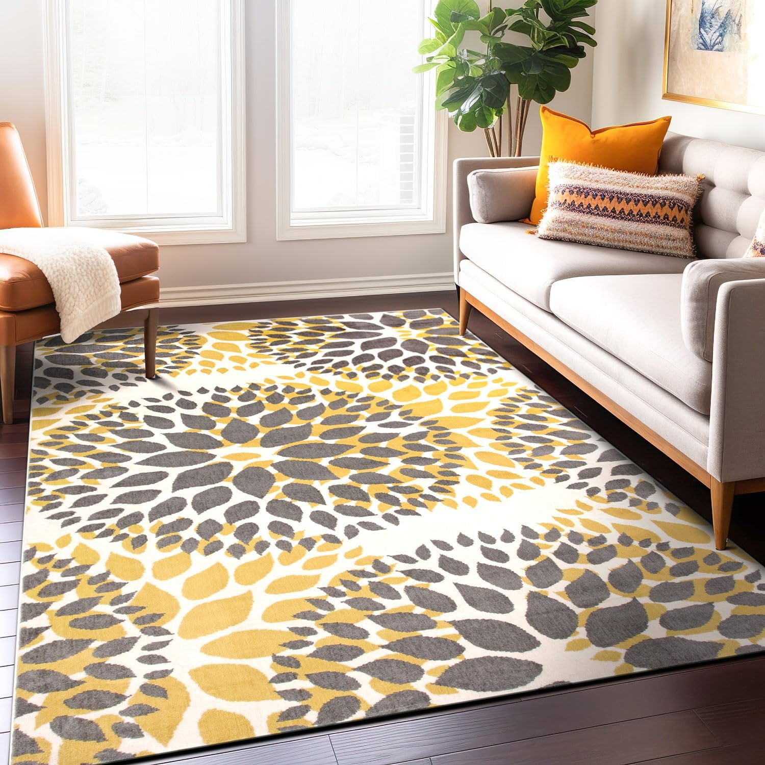 Yellow and Gray Floral Rectangular Synthetic Area Rug
