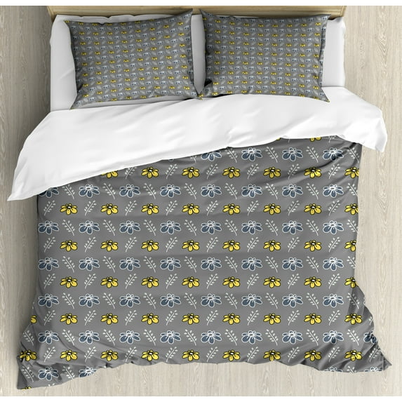 Modern Floral Duvet Cover Set, Repeated Pattern Hand Drawn Like Flowers and Branches Illustration, Decorative 3 Piece Bedding Set with 2 Pillow Shams, Queen Size, Dimgray Multicolor, by Ambesonne