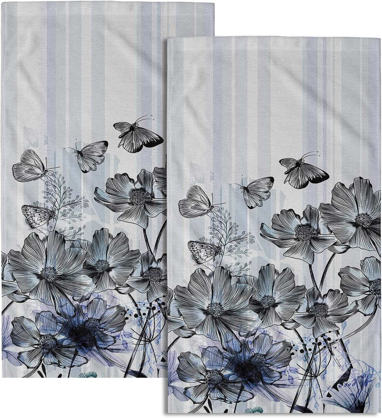 Modern Floral Hand Towels Butterfly Flower Bathroom Towel Set of 2 Soft Absorbent Small Bath Towels Decorative Kitchen Guest Dish Towel