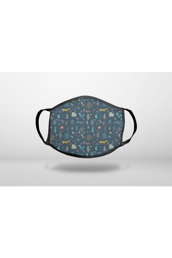 Modern Floral - Navy - House, Deer, Tree - 3-Ply Reusable Soft Cloth Face Covering, Unisex, Cotton Inner Layer
