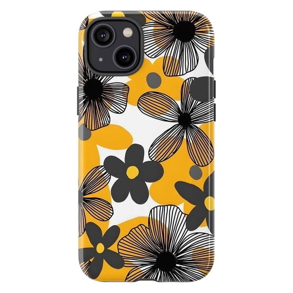 Modern Floral Pattern Phone Case, Yellow Black Daisy Abstract Flower Phone Cover for iPhone 17 16 15 14 13 12 11 Pro Plus Mini